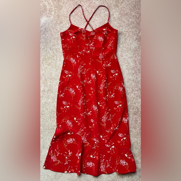 Y2K Express Midi Dress Red Floral Ruffle Hem - Picture 6 of 6